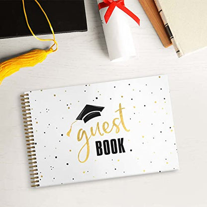 Hardcover Black Faux Gold Graduation Guestbook / 120 Lined Guest Signature Pages Inside / 5.5" x 8.5" Landscape Lay Flat Gold Metal Spiral Binding Gender Neutral Grad Party Décor