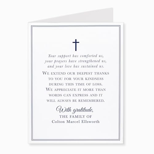 Navy Blue Funeral Thank You Cards with Cross | Personalized, 4.25x5.5, Sympathy Acknowledgement Cards, With Envelopes, Folded Card