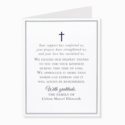 Navy Blue Funeral Thank You Cards with Cross | Personalized, 4.25x5.5, Sympathy Acknowledgement Cards, With Envelopes, Folded Card