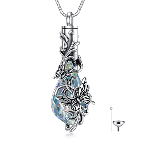 PELOVNY Urn Necklace for Ashes 925 Sterling Silver Butterfly Dragonfly Bee Phoenix Hummingbird Urn Necklaces Animal Crystal Cremation Jewelry for Ashes Cat Dog Pet Memorial Gifts - color: 01-Butterfly Teardrop Urn