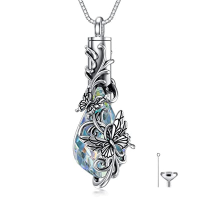 PELOVNY Urn Necklace for Ashes 925 Sterling Silver Butterfly Dragonfly Bee Phoenix Hummingbird Urn Necklaces Animal Crystal Cremation Jewelry for Ashes Cat Dog Pet Memorial Gifts - color: 01-Butterfly Teardrop Urn