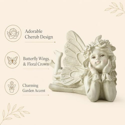 Laying Angel Garden Statue, Resin Fairy Figurine Outdoor Yard Decor | Whimsical Accent For Flower Beds, Patios, Shelves And Garden Lovers - style: Laying Angel Holding Face