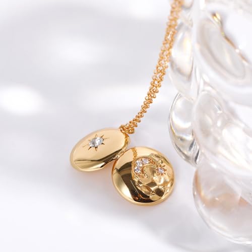 Gold Locket Necklace for Women Vintage, Heart Star Moon Butterfly Angel Holds Picture Photo Oval Locket Pendant Memorial Necklace Personalized Celestial Jewelry Birthday Gifts - style: Round Star Moon