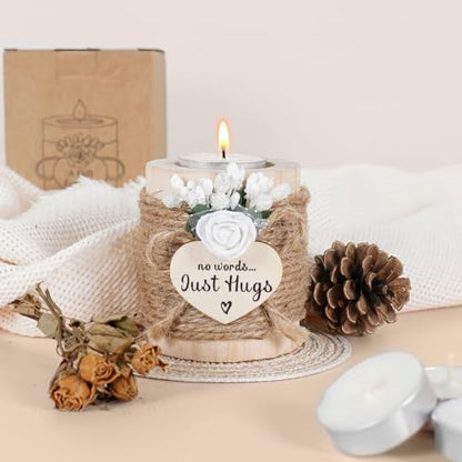 Sympathy Gifts for Loss of Loved One - No Words Just Hugs Wooden Tealight Candle Set Holder, Bereavement, Grief & Remembrance Gift for Grieving Friends Women