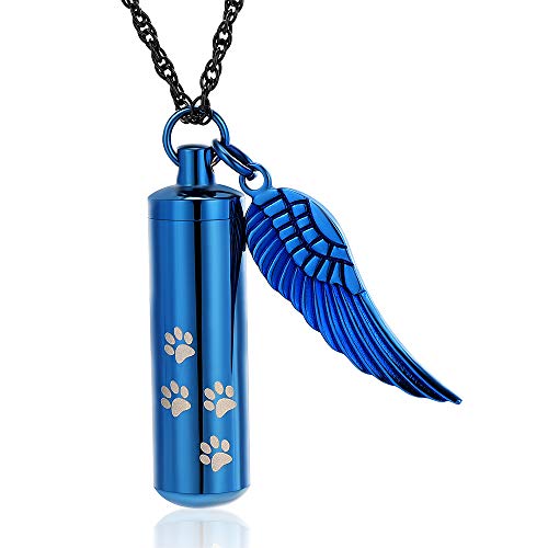 shajwo Cremation Jewelry Paw Print Urn Necklaces for Human Pet Ashes Cylinder Urn Pendant Keepsake Memorial Ash Locket Holder Necklace for Men Women - color: Blue