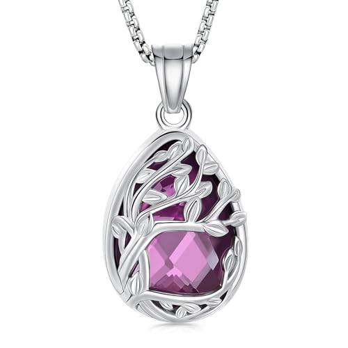 Cremation Jewelry Tree of Life Teardrop Urn Necklace for Ashes for Women Men Vial Pendant Ashes Keepsake Memorial Jewelry for Loved One - color: Silver-Purple