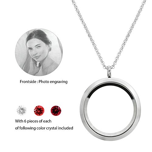 Laser Engraved Personalized Photo & Text Message Floating Locket Crystals Necklace Pendant Handmade Love Note Anniversary Wedding Birthday Gift - style: Red - Photo Engraving