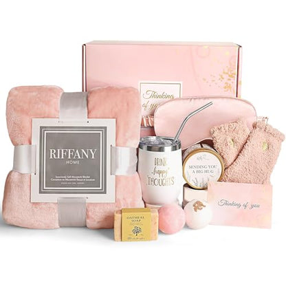 Birthday Gifts for Women, Unique Happy Birthday Gift Basket Self Care Package Bday Ideas with Luxury Flannel Blanket for Mom Her Best Friends Sister Wife Friendship - color: Pink