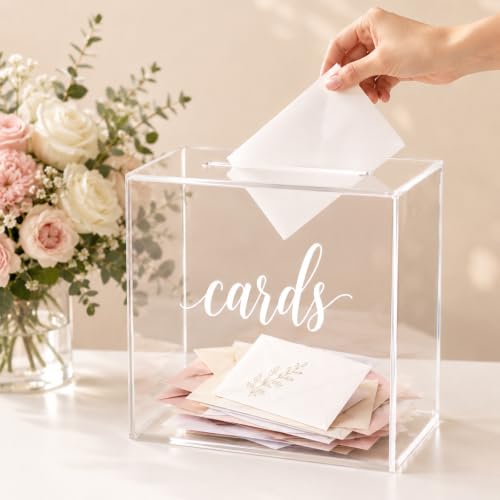 Teruntrue Clear Acrylic Wedding Card Box with Slot, Thick DIY Card Box Blank White Print, Large 10x10x5.5 Inch, for Wedding Reception Party Graduation Fundraiser Money Gift Holder Keepsake Decoration - color: Clear - No Print