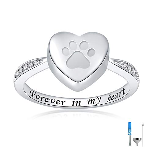 925 Sterling Silver Love Heart Urn Ring for pet Dog Cat's Ashes Keepsake Memorial Tiny Jewelry Forever in My Heart Paw Print Cremation Finger Rings - color: silver