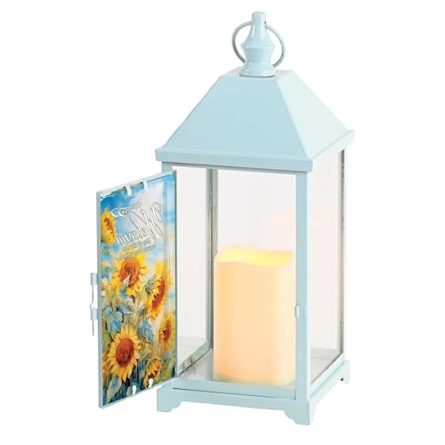 Magnolia Garden 14 Inch Sky Spring Blue Metal Traditional Lantern – LED Candle Home Decor – Sunflower Design – “Welcome, May All Who Enter As Guests, Leave As Friends” - size: 5.25 x 5.25 x 14, style: Welcome May All Who Enter As