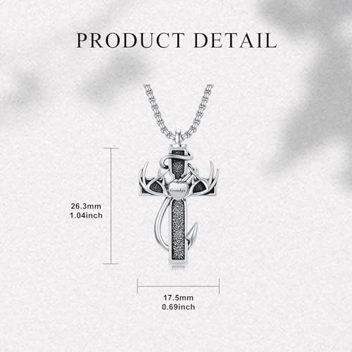 Cross Urn Necklace for Ashes Fish Hook Antler Cremation Pendant 925 Sterling Silver Nail Cross Memorial Jewelry Engraving Name Keepsake Gifts for Men Dad Husband - color: 2-Grandpa, style: 1-No custom