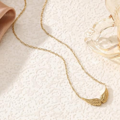 Silver/Gold Plated Angel Wing Pendant Necklace for Women Men | 18K Gold Guardian Angel Wings Feather Necklace Stainless Steel Simple Minimalist Necklaces Birthday Christmas Jewelry Gifts - color: Gold