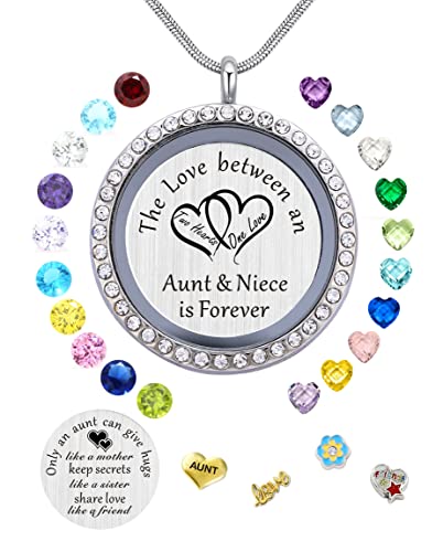 Beffy Locket Gifts for Niece Aunt, Floating Living Memory Necklace Pendant | Pendant Charm & Birthstone for Women, Mothers Day, Birthday, Stainless Steel - color: NiecesAunt-C002
