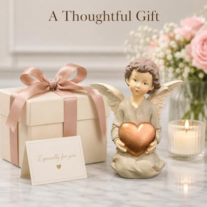 Guardian Angel Figurine Holding Gold Heart | Painted Resin Keepsake For Mom, Daughter, Sister, Friend, Shelves, Desks, Nightstands And Comfort Gifts - size: 5.12"H