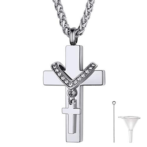 Richsteel Urn Necklaces for Ashes for Women Men Cremation Pendant | Necklace for Ashes Dog/Cross Stainless Steel Memorial Jewelry - color: 02-Steel Double Cross