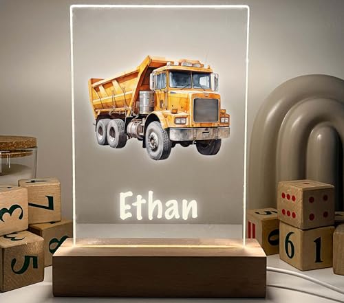 Personalized Dump Truck LED Night Light - Custom Name Acrylic Lamp with Wood Base, Construction Truck Bedroom Decor for Kids, Nursery, Toddler Boys, Birthday Gift, Handcrafted in USA