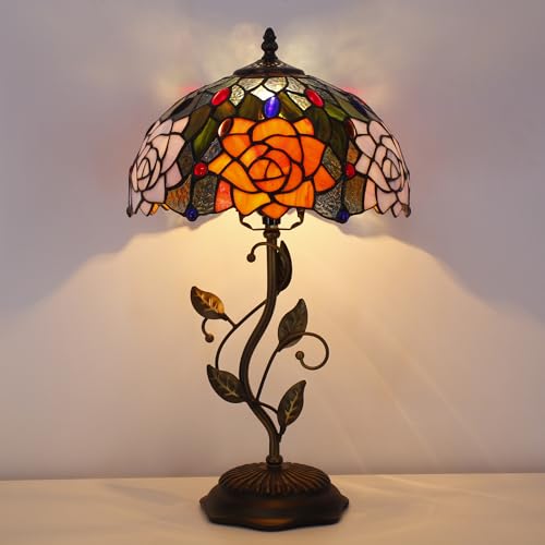 Tiffany Lamp Orange Red Rose Stained Glass Table Lamp - color: Orange Red Rose