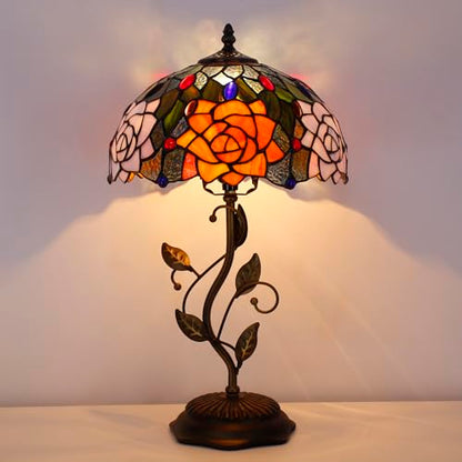 Tiffany Lamp Orange Red Rose Stained Glass Table Lamp - color: Orange Red Rose