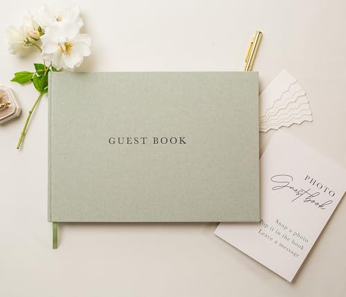 Real Linen Guest Book Set - 11.5 x 8.5 Embossed Guestbook for Weddings, Showers, Events, Blank & Lined, Comes with Sign, Pen, Box and Photo Sleeves, 120 Pages (Leaf) - color: Leaf