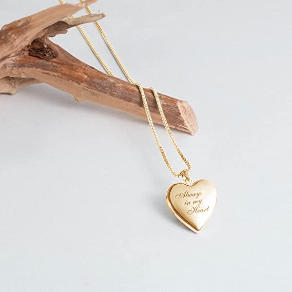 PicturesOnGold.com Personalized Always in My Heart Silver Or Gold Heart Locket Pendant Necklace Jewelry Gifts for Men & Women - 3/4 Inch X 3/4 Inch - Includes 18 inch Cable Chain - style: 14K Yellow Gold Filled - Locket Only