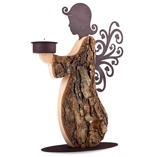 Wood Angel Tealight Candle Holder - Handcrafted Wooden Angel Candle Holder in Memory of Loved One - Guardian Angel Candlestick Holders - Angel Statues Memorial Gifts for Loss of Loved One