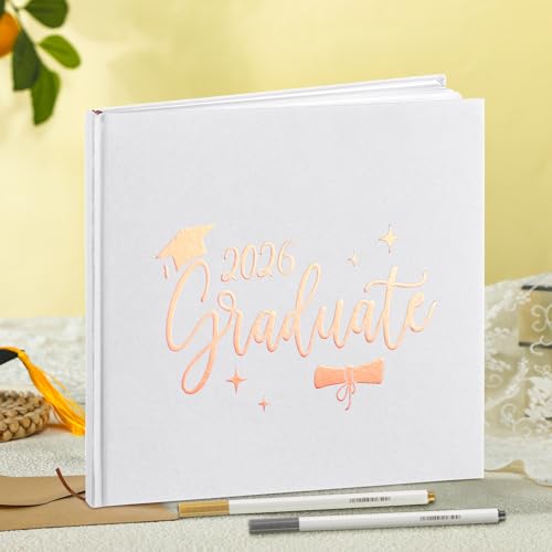 2026 Graduation Guest Book 8.7'' x 8.7" with 2 Markers Graduate Scrapbook Class of 2026 Picture Book Hardcover Rose Gold Foiled Photo Album for Graduation Party Supply Graduate Gifts 144 Pages - color: White, style: Graduate