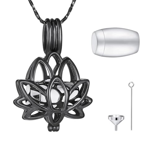 MeMeDIY Stainless Steel Urn Necklaces for Ashes Cremation Jewelry for Ashes Mini Keepsake Urn Memorial Ash Jewelry Lotus Flower Shape Urn Necklace Engraved Text - color: B2: Black + Silver