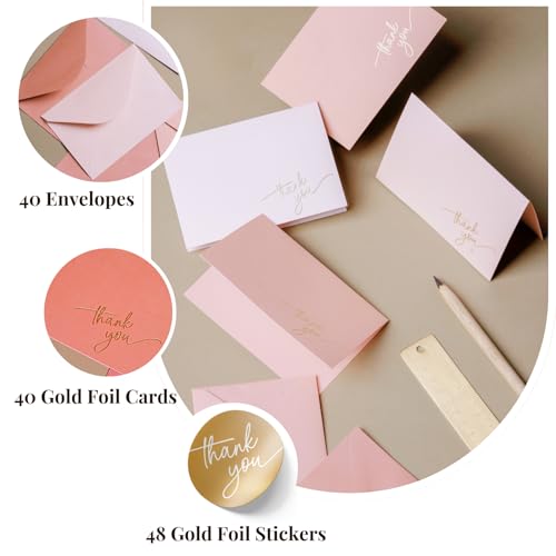 Paper Play Pink Thank You Cards with Envelopes, Gold Foil Text (40 Pack) | 5 x 3.5", Pink Textured Surface, Heavyweight Cardstock, Matching Gold Foil Stickers, For Baby Shower, Wedding, Bridal Shower, - color: Pink Tones