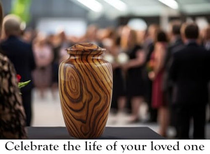 Walnut Grain Print Cremation Urn – Full Size Metal Urn with Teak Wood Finish – Adult Memorial Urn for Human Ashes up to 200 lbs – Funeral Urn for Men and Women with Velvet Bag (Large)