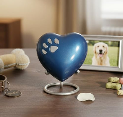 eSplanade Brass Mini Cremation Heart-Shaped Keepsake Memorial Jar Pot Container | Small Urn for Funeral Ashes Burial | Paws Engraved Metal Keepsake with Stand | Dark Blue - 2.75" Inches