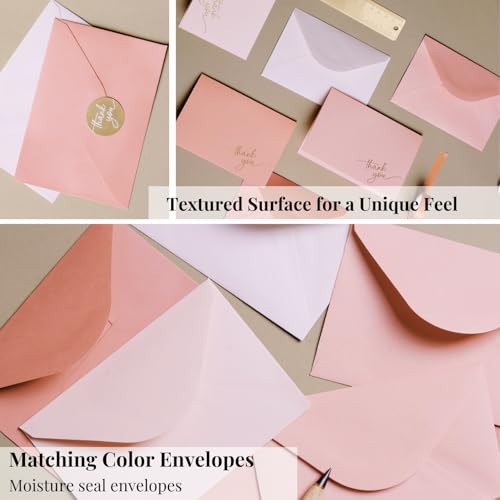 Paper Play Pink Thank You Cards with Envelopes, Gold Foil Text (40 Pack) | 5 x 3.5", Pink Textured Surface, Heavyweight Cardstock, Matching Gold Foil Stickers, For Baby Shower, Wedding, Bridal Shower, - color: Pink Tones