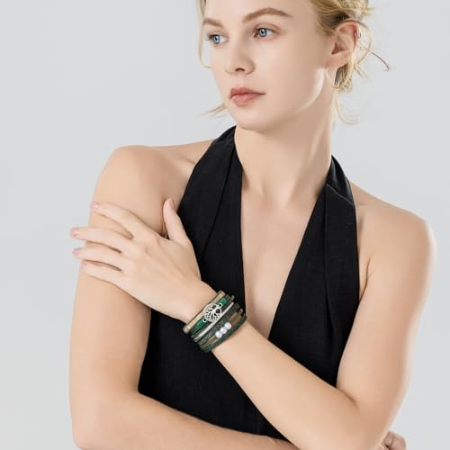 Tree of Life Inspirational Leather Wrap Bracelets Boho Western Cowgirl Cuff - color: Dark Green