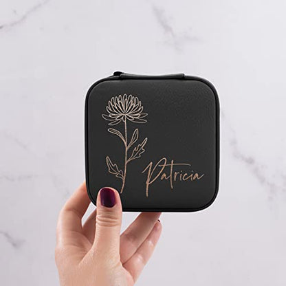 Custom Leather Jewelry Box w/Name & Birth Flower Month - Birthday Gifts for Women, Personalized Jewelry Travel Case - Customized Jewelry Organizer Box, Mom Birthday Gifts - Black - color: Black