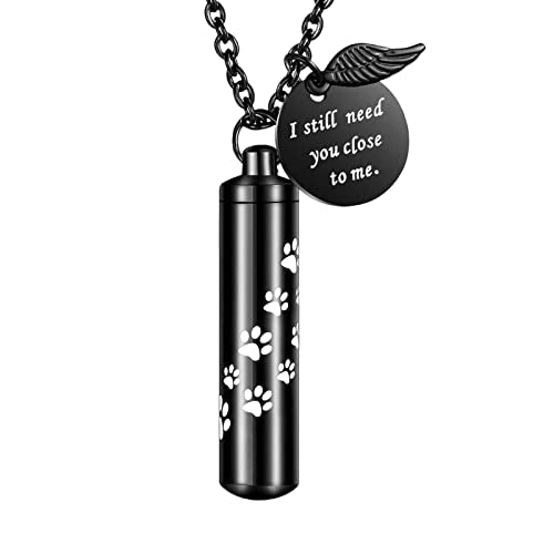 Dletay Cylinder Cremation Jewelry Urn Necklace for Ashes Memorial Ashes Necklace with Angel Wing Charm Memorial Keepsake for Pet Human-I Still Need You Close to Me - color: Paw Black-L