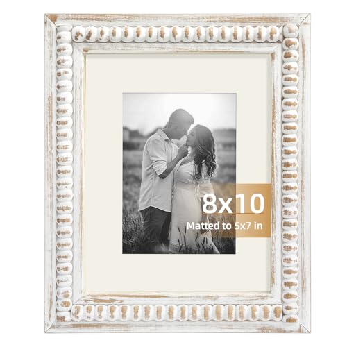 White 8x10 Picture Frame with Mat for Displays 8x10 and 5x7 Photos, Farmhouse Picture Frames with Wooden Beaded Design, White 8 by 10 Picture Frame for Tabletop Home Decor - color: White, size: Single 8x10