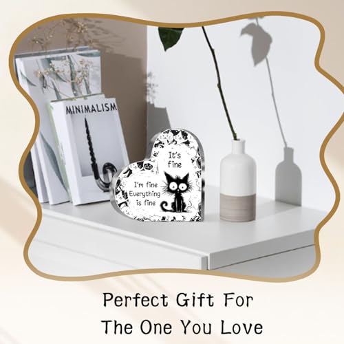 Cat Lover Gifts for Women Girls Cat Funny Office Acrylic Heart It’s Fun Everything Fun Gifts for Friends Coworkers Teacher Boss Desk Nursery Office Sign Plaque Paperweight - style: Everything is fine