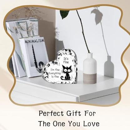 Cat Lover Gifts for Women Girls Cat Funny Office Acrylic Heart It’s Fun Everything Fun Gifts for Friends Coworkers Teacher Boss Desk Nursery Office Sign Plaque Paperweight - style: Everything is fine