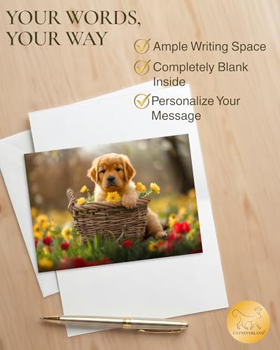 Golden Retriever Puppy All Occasions Greeting Card - Dog with Flowers from Unique Dogs Party Delights Collection - Large 5x7 Inch - Blank Inside with White Envelope - color: Golden Retriever Puppy with Yellow Flowers