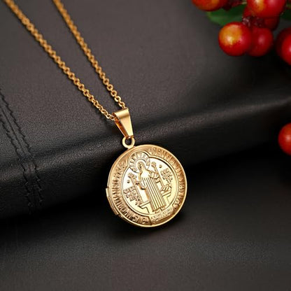 Bible Locket Cross Photo Necklace That Holds Pictures for Men Women | Stainless Steel Openable Keepsake Personalized Faith Gifts for Birthday Anniversary Christmas Memorial Day, 17.7 Inch Chain - color: gold-Saint Benedict