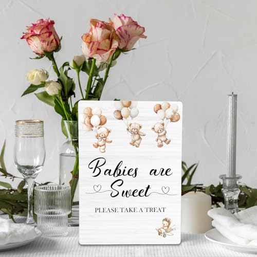 Bear Baby Welcome Shower Wooden Signs, Baby Shower Welcome Sign Stand 5x7 Inch, Sweet Boy And Girl Party Decor - color: sweet baby