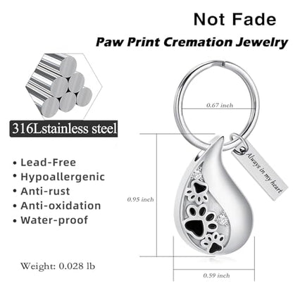 Hearbeingt Teardrop Urn Keychain for Ashes Tree of Life Cremation Jewelry - color: Paw Print-silver