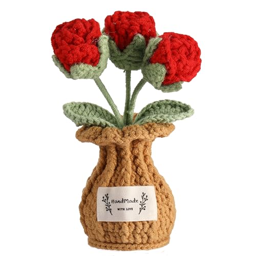 Crochet Rose Flower Potted Plant – Red, Valentines Day Gift for Her, Handmade Knitted Romantic Desk Decor - color: D-rose-red