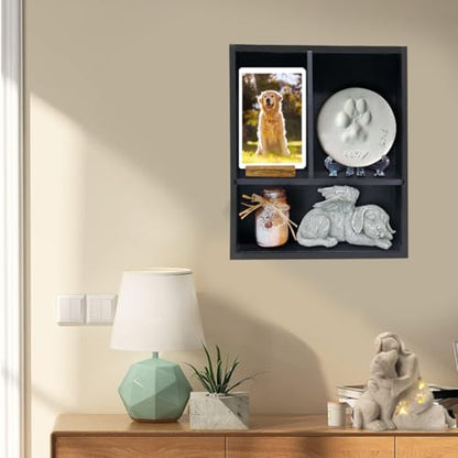 Solid Wood Pet Memorial Shadow Box Frame with Shelves | Deep Pet Memory Box for Dogs or Cats Paw print 4x6" Photo Frame Keepsake as Loss Remembrance-Black