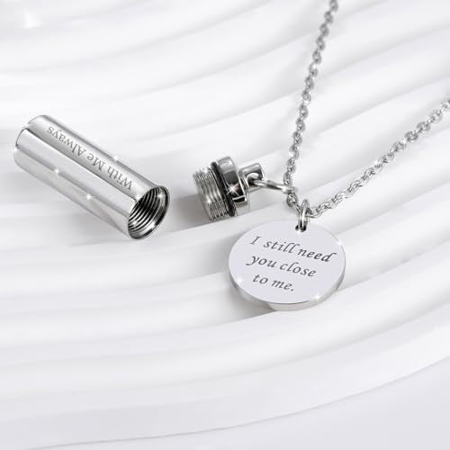 Cremation Cylinder Necklace for Ashes Stainless Steel Urn Locket Pendant Ashes Holder Memorial Jewelry - With Me Always - color: Silver