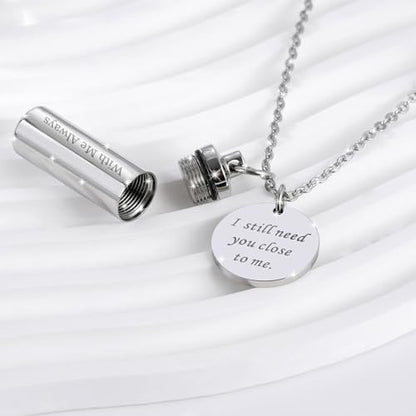 Cremation Cylinder Necklace for Ashes Stainless Steel Urn Locket Pendant Ashes Holder Memorial Jewelry - With Me Always - color: Silver