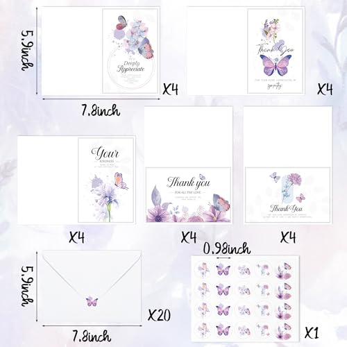 WATINC 20 Sets Funeral Thank You Cards with Envelopes and Stickers, Purple Butterfly Bereavement Card Express Your Condolences, Memorial Sympathy Cards with Message Inside for Beloved Friends Family
