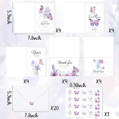 WATINC 20 Sets Funeral Thank You Cards with Envelopes and Stickers, Purple Butterfly Bereavement Card Express Your Condolences, Memorial Sympathy Cards with Message Inside for Beloved Friends Family