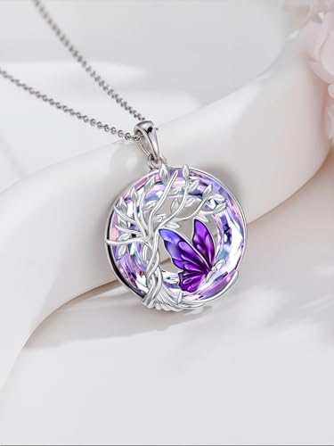 TOUPOP Butterfly Necklace for Women 925 Sterling Silver Tree of Life Butterflies Dragonfly Hummingbird Pendant Necklaces Crystal Jewelry Anniversary Christmas Birthday Gift for Her - color: Butterfly Purple