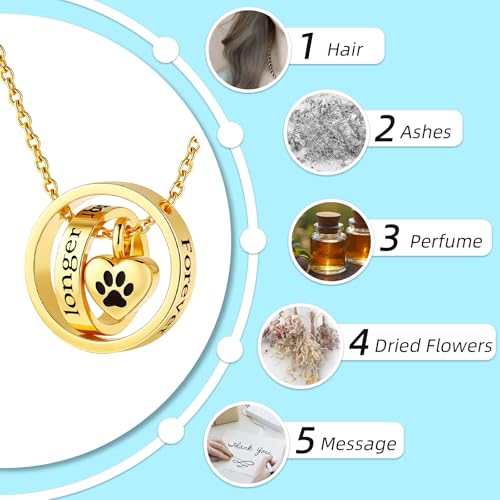 Cremation Jewelry for Ashes Pendant Dog/Cat Funeral Keepsake Urn Necklace Paw Print Memorial Necklace Forever in My Heart,No Longer by My Side Pet - color: Gold